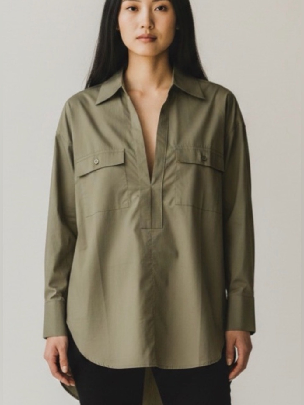 Venus casual olive green cotton three quarter sleeve lightweight blouse